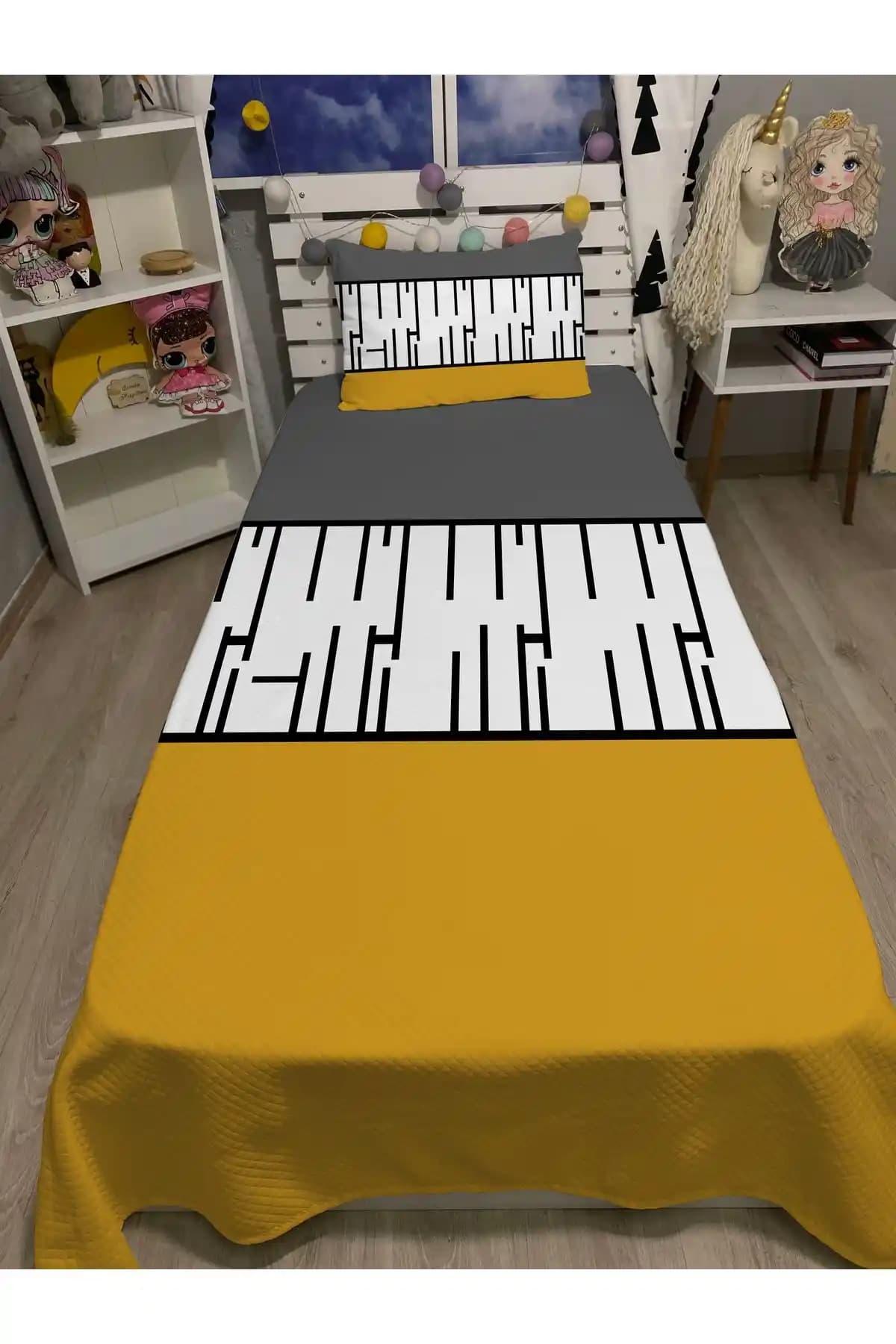 Hardal Piyano Desenli Tek Kişilik Pike ve Yastık Kılıfı: 70/30 Pamuk-Polyester, 160x220