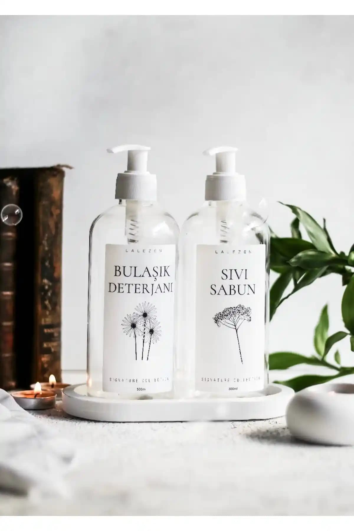 LALEZEN HOME Beyaz Şeffaf İkili Şişe Bulaşık Deterjanı Seti, Kapaklı ve Etiketli Tasarım