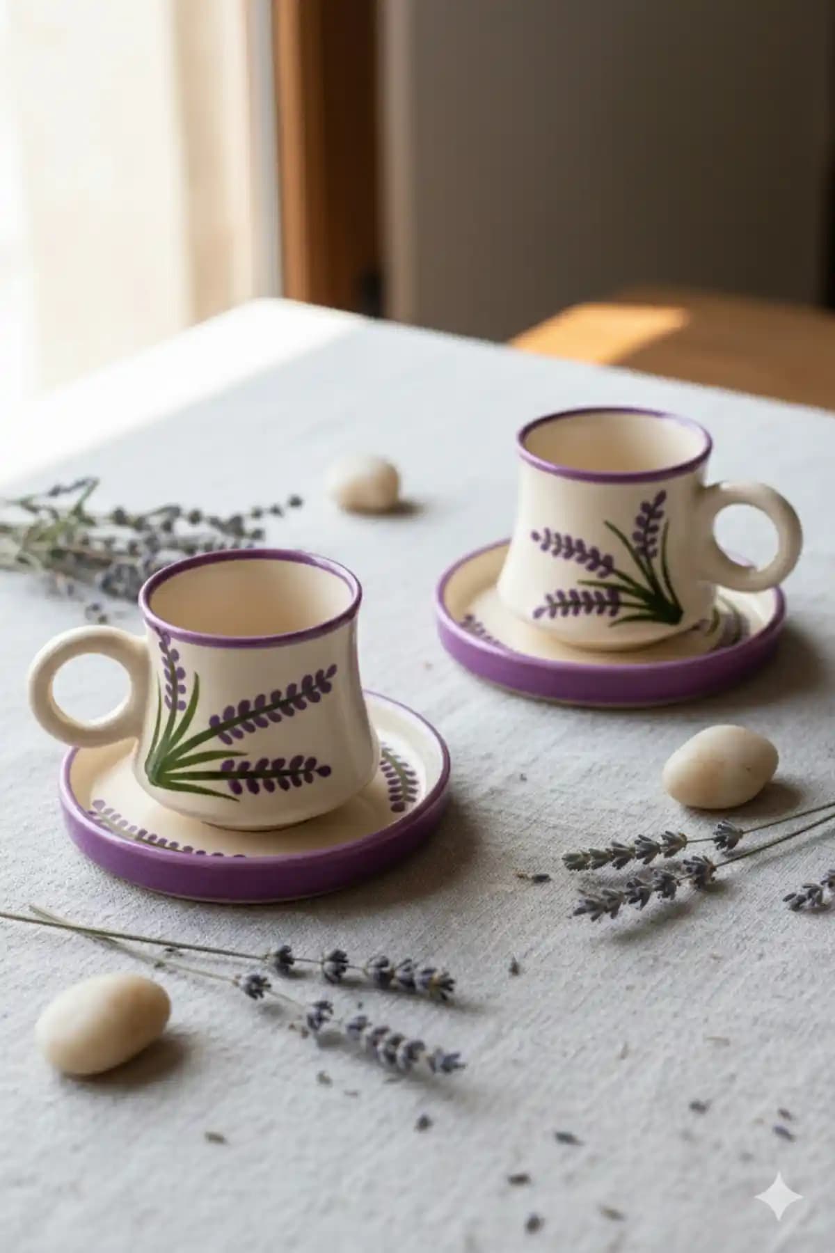 Lavanta desenli el yapımı seramik kahve fincanı seti – iki kişilik tabaklı tasarım