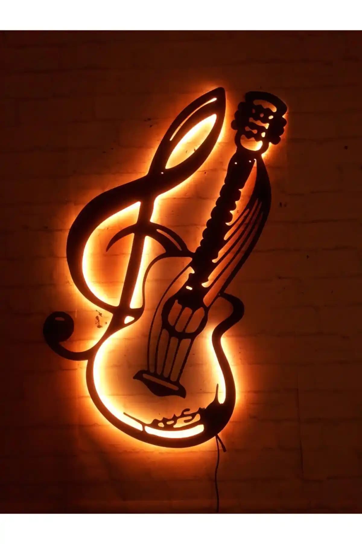 MF Tasarım Gitar Music RGB LED Işıklı Siyah Ahşap MDF Dekoratif Tablo – Tek Parça Tasarım