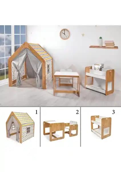 Minera Kumru Montessori Esinli 3'lü Çocuk Odası Seti: Masa-Sandalye Kitaplık ve Oyun Evi