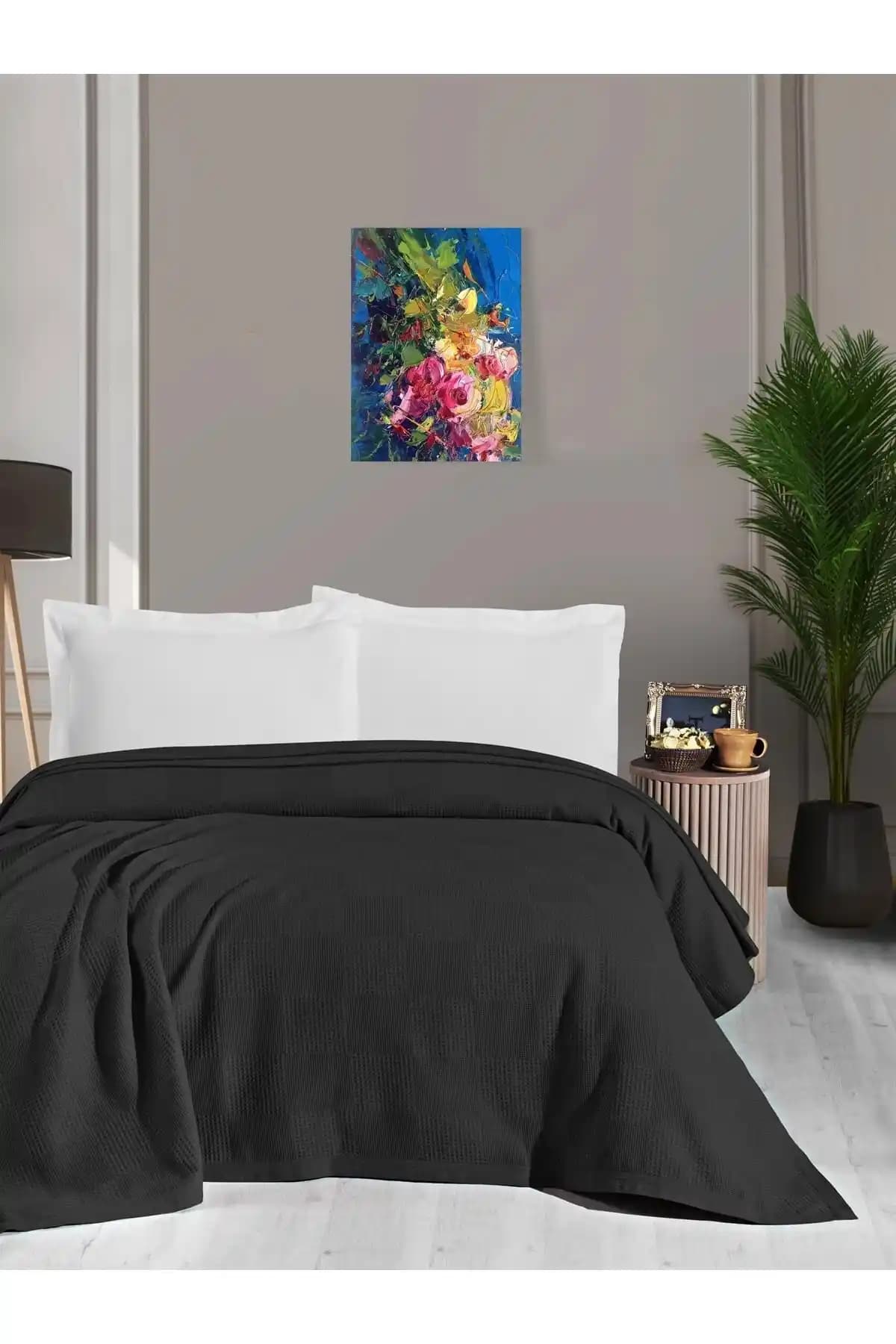 Mulberry Waffle Desenli Pike: %100 Pamuk, Siyah Geometrik Desen, Çift Kişilik 220x240 cm