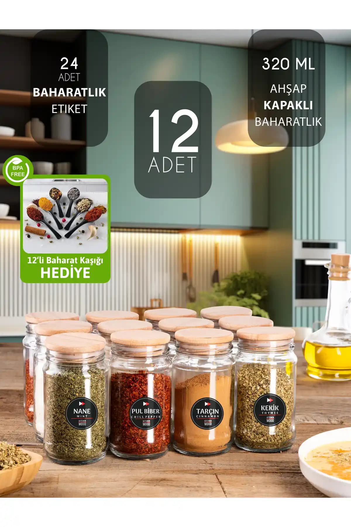 Mutfağın Havası 320 ml Cam Baharatlık Seti – 12 Parça, Ahşap Kapaklı ve Etiketli