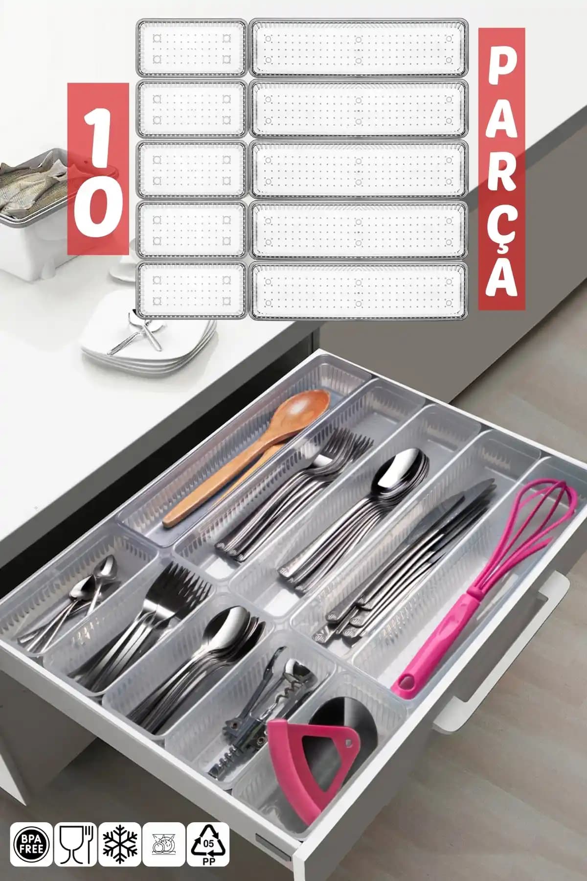 Nandy Home 10 Parça Çekmece İçi Kaşıklık Düzenleyici: Dayanıklı PP Plastik, Beyaz, Modüler