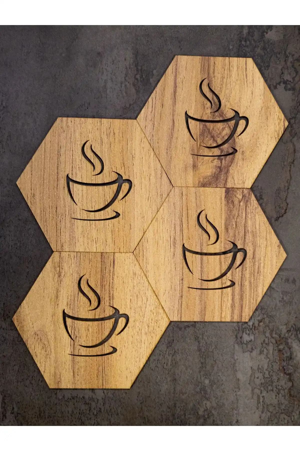 Panorama Ajans Ahşap Görünümlü MDF Bardak Altlığı Seti: Altıgen, 4 Parçalı, 20x20 cm