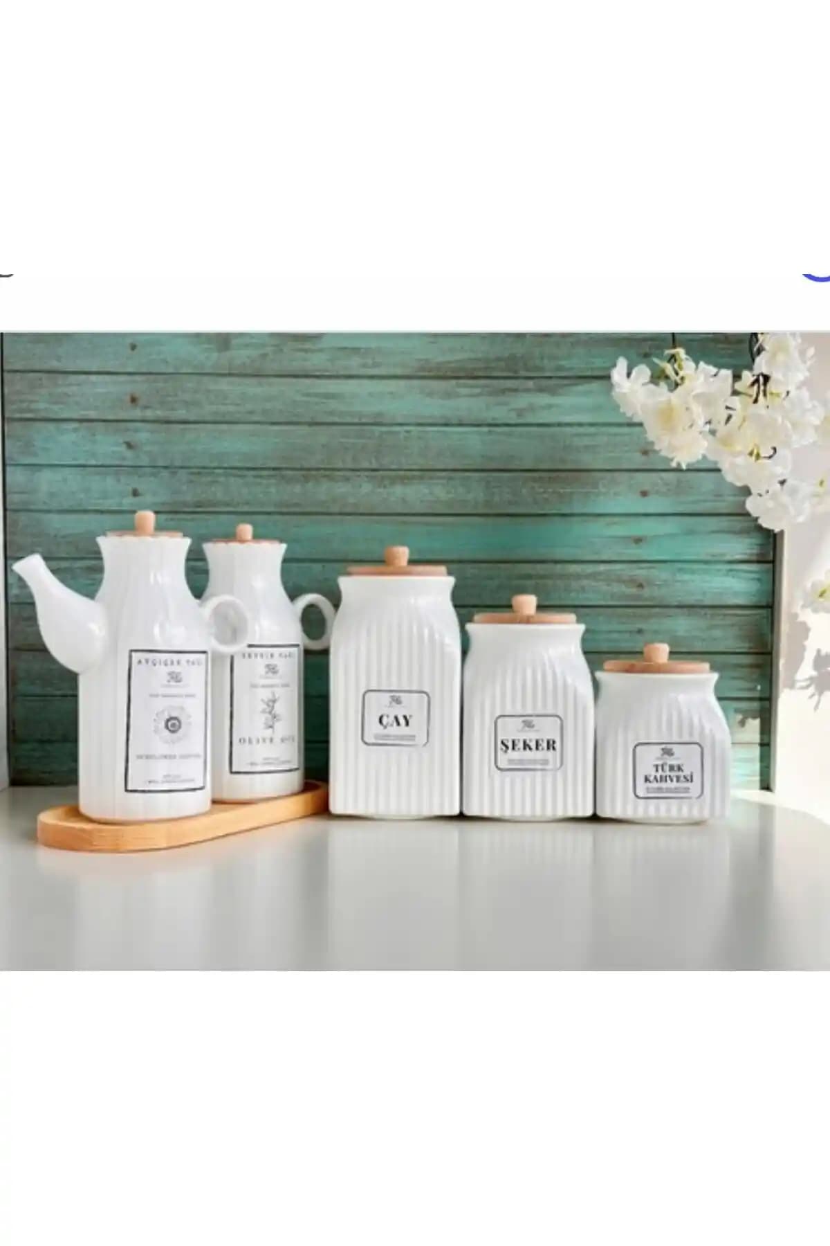 Pembelia Life 6 Parça Porselen Yağdanlık ve 3'lü Şeker Kavanozu Seti, Bambu Standlı