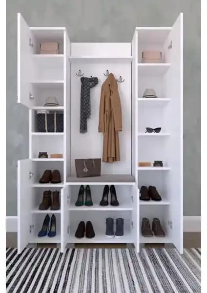 Remaks Alaçatı Portmanto Beyaz — 120 cm Genişlik, 177 cm Yükseklik, 14 Raflı Depolama