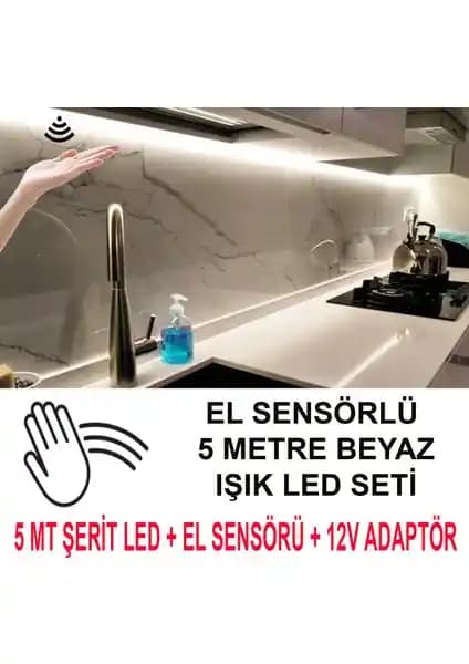 Sensörlü İç Mekan LED Aydınlatması, 5 Metre Beyaz Işık, Mutfak Dolabı İçin Kolay Montaj