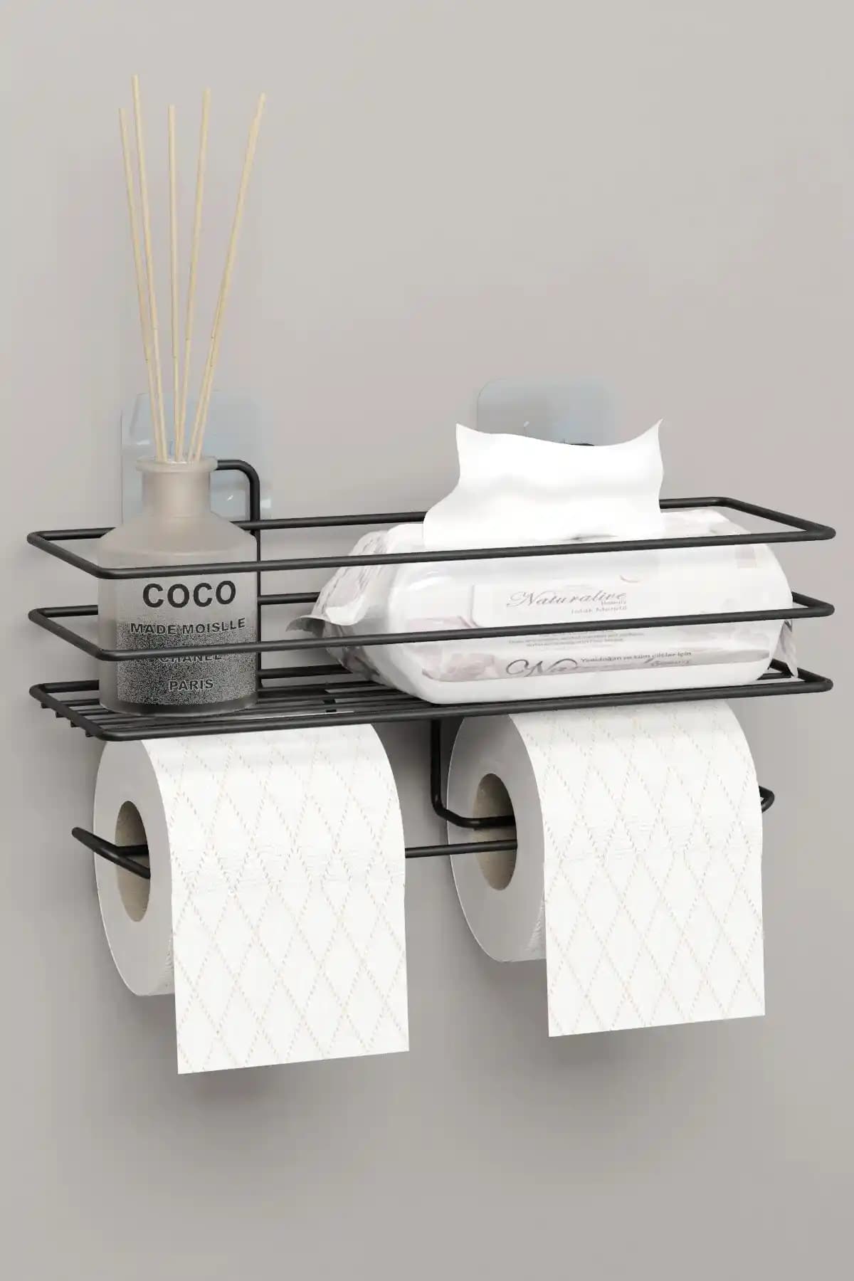 Şık Siyah Mat Kaplama ile Banyoda Düzen ve Kolay Montaj: Yapışkanlı Tuvalet Kağıtlığı