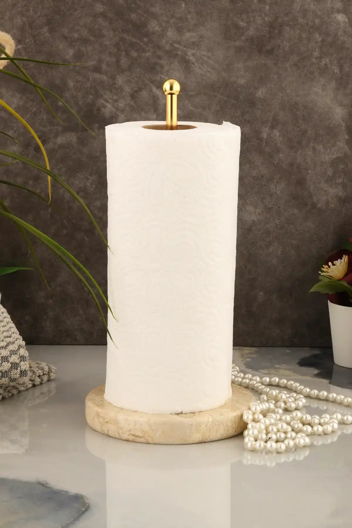 TR Turan Alaska Bej Mermer ve Altın Kaplama Kağıt Havluluk – Mutfak ve Banyo Tasarımı