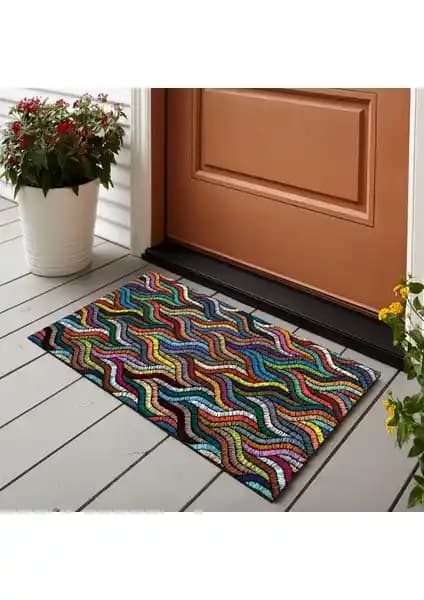 Vagonik Örgü Nakış Desenli Dijital Baskılı Paspas 50x70 cm İç ve Dış Mekân