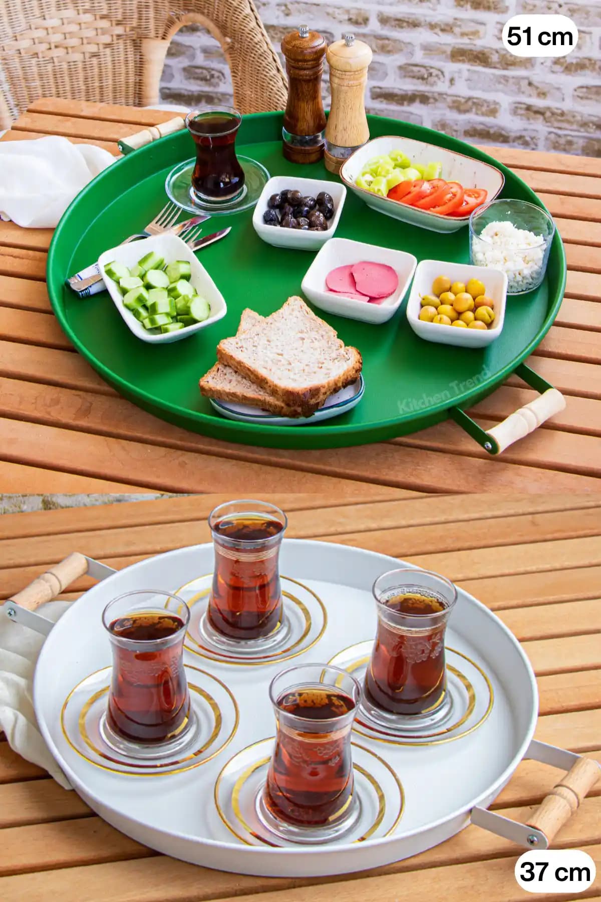 Yeşil ve Beyaz İki Parçalı Tepsi Seti: Dayanıklı Metal Gövde ve Ahşap Kulplu Şık Sunum