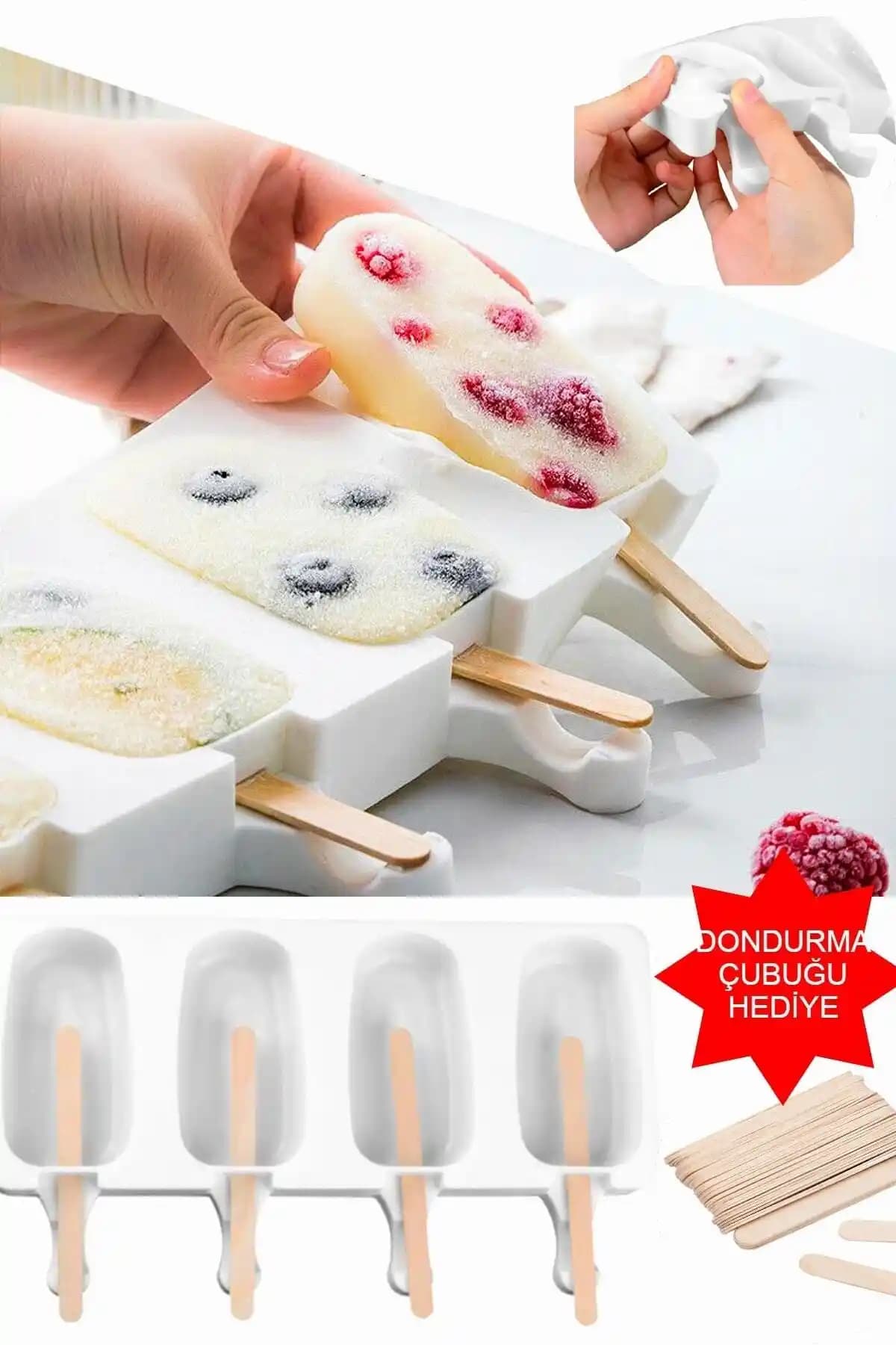 ARNİLLO Magnum Dondurma Kalıbı ve 50 Ahşap Çubuk - 4'lü Boy Seti, Evde Dondurma Yapımı