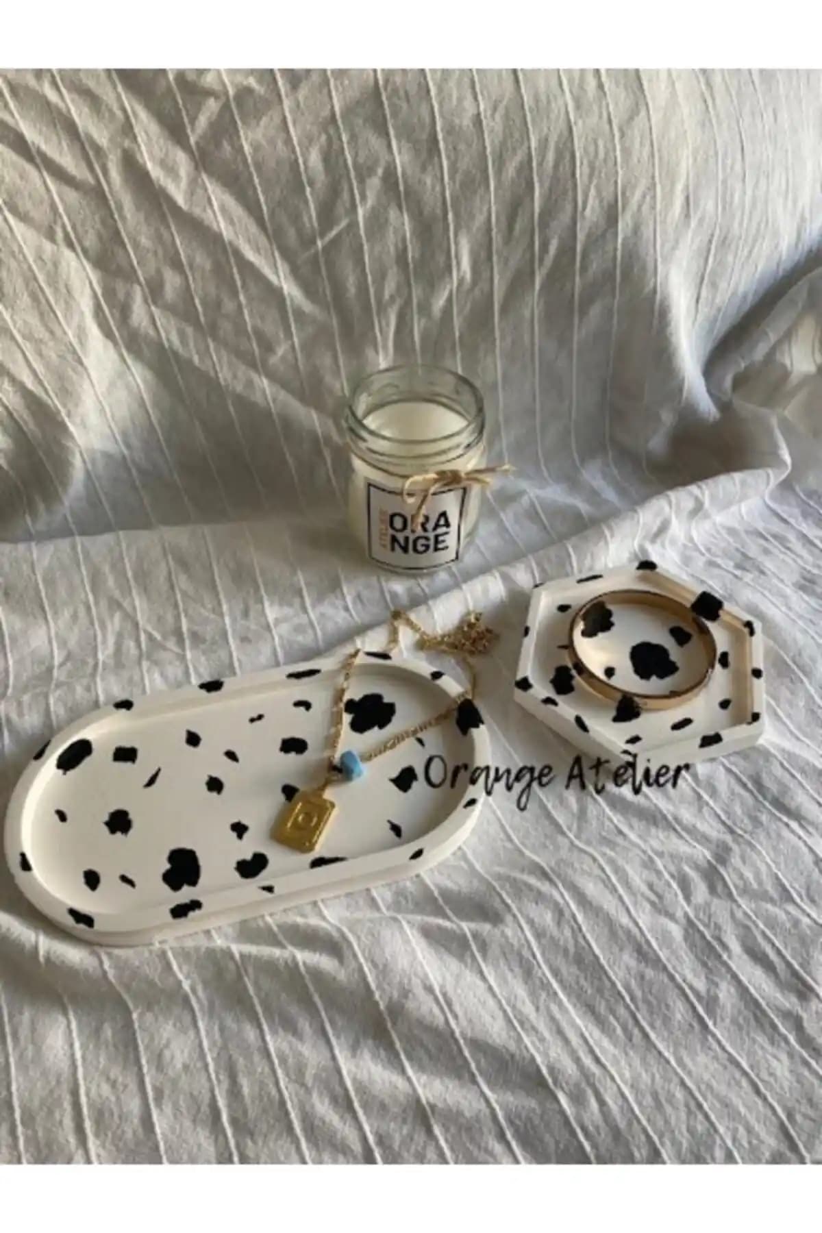 Beyaz Oval Beton Biblo ve Altıgen Takı/Mum Tabağı: Bohem Stil, El Yapımı, Türkiye Üretimi