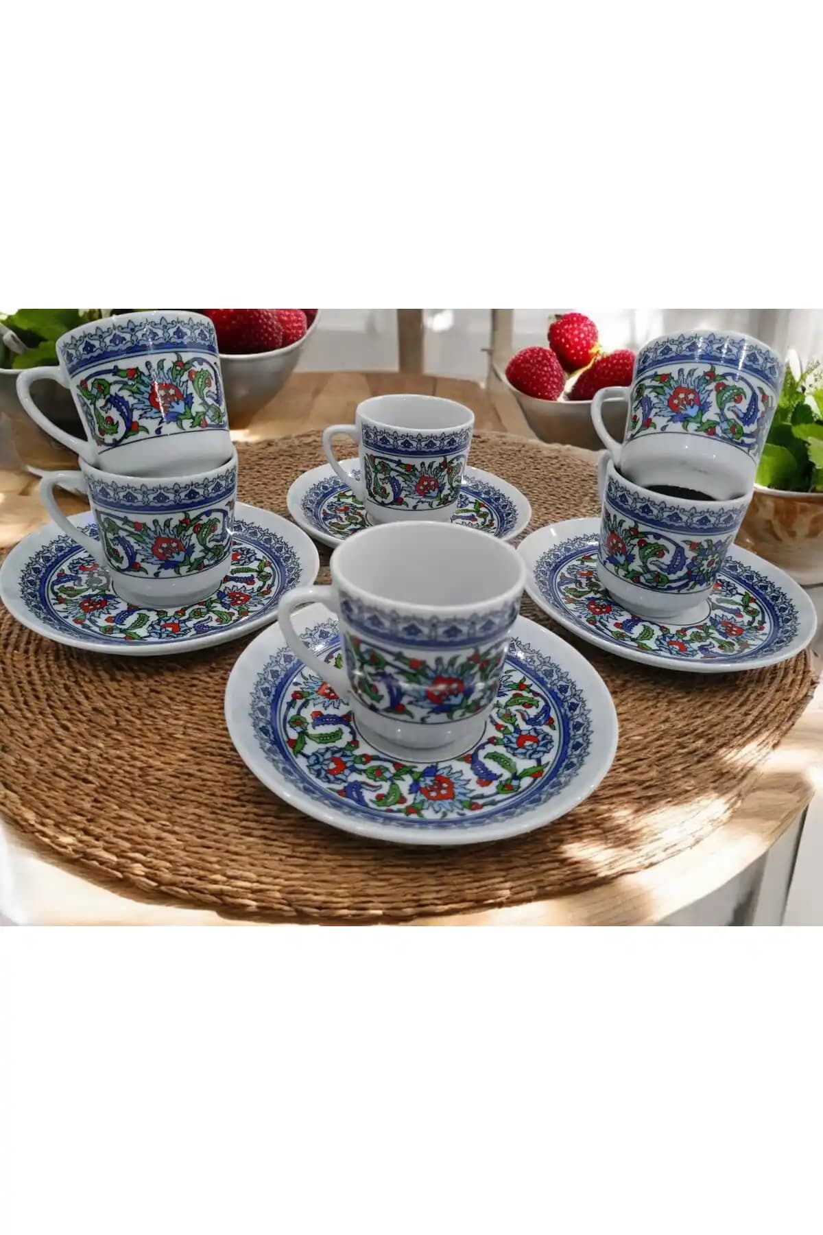 D&Y GAUDERY Porselen Türk Kahvesi Fincan Takımı: Topkapı Çini Desenli 6 Kişilik, 12 Parça