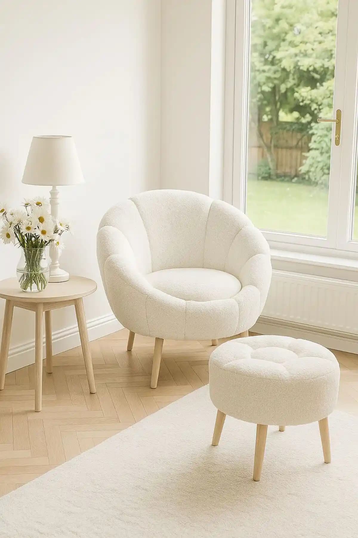 KOKİ DESIGN LIDA Teddy Kumaş Beyaz Tekli Berjer 75x75 cm, Retro Şıklık ve Zarif Dekorlar