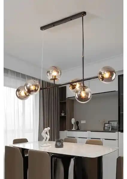 Ömür Avize Rikardo: Füme camlı globe ile siyah metal gövdeye sahip modern salon avizesi