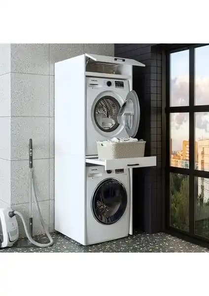 Roomart Çamaşır ve Kurutma Makinesi Dolabı + Üst Dolabı: Mat Beyaz, 67x205 cm