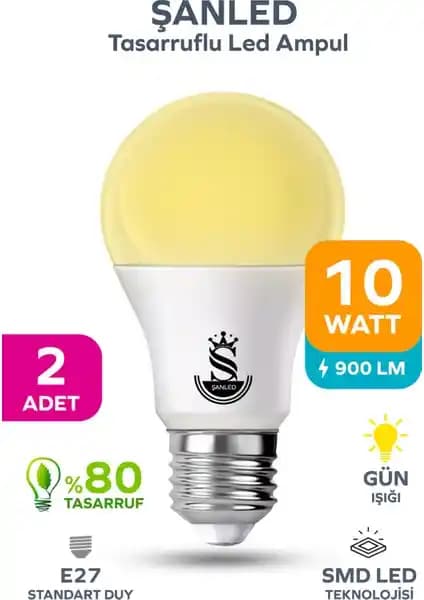 ŞANLED 10W Tasarruflu Gün Işığı LED Ampul – E27 Duy, 900 lm, 3200K, Yerli Üretim