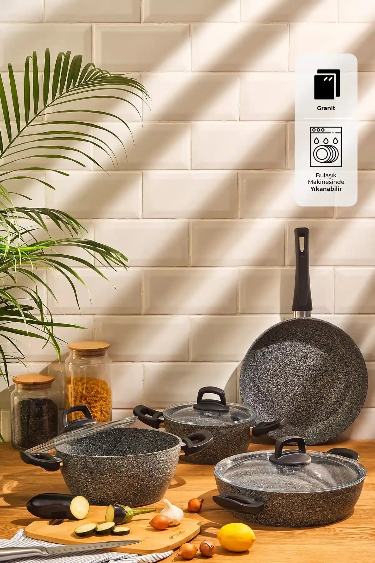 -Title-: Emsan Lucca 7 Parça Tencere Seti Gri-Mavi: Granit Kaplama ile Yapışmaz Pişirme Tasarımı