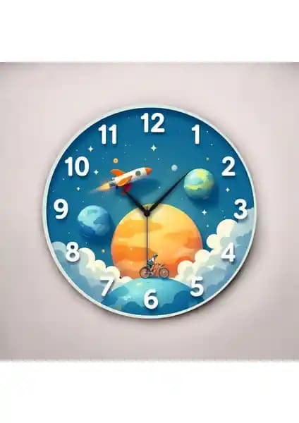 AA Shop Çocuk Odası Uzay Temalı Renkli Baskı Desenli Ahşap Duvar Saati 45cm
