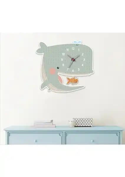 Arya Ahşap Sarkaçlı Balina Çocuk Odası Duvar Saati Dekoratif ve Dayanıklı