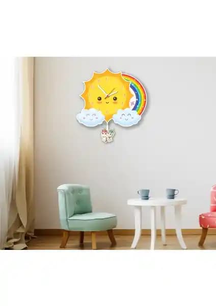 Arya Ahşap Unicorn Temalı Sarkaçlı Çocuk Odası Duvar Saati - Şık ve Sessiz Tasarım