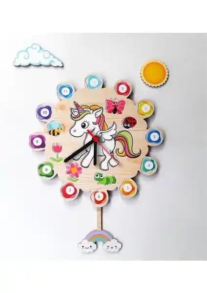 Arya Unicorn Sarkaçlı Ahşap Çocuk Odası Saati Modern ve Eğlenceli Tasarım