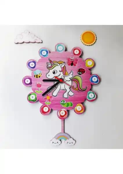Arya Unicorn Sarkaçlı Çocuk Odası Ahşap Saat: Renkli ve Eğlenceli Dekorasyon Parçası