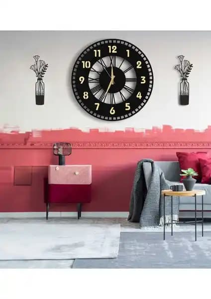 Aswood Modern Pleksi Aynalı Rakamlı Ahşap Duvar Saati ve 2'li Vazo Tablo Seti Dekoratif Tasarım