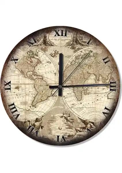 Dünya Tarihi Haritası Desenli Ahşap Duvar Saati Modern ve Şık Tasarım