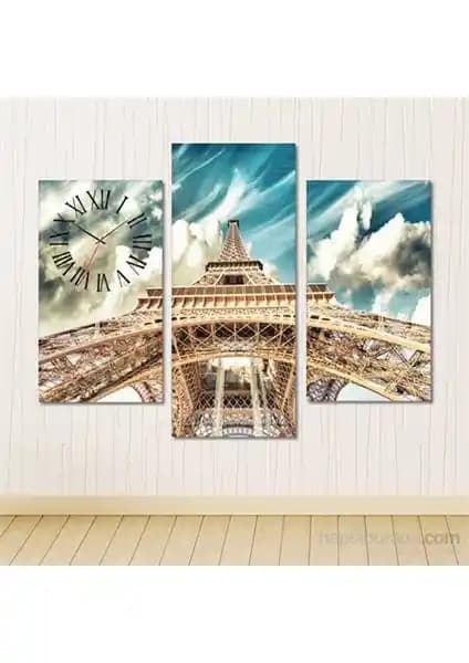 Eiffel Kulesi Temalı Modern Kanvas Tablo ve Saat Kombini 81x60 cm