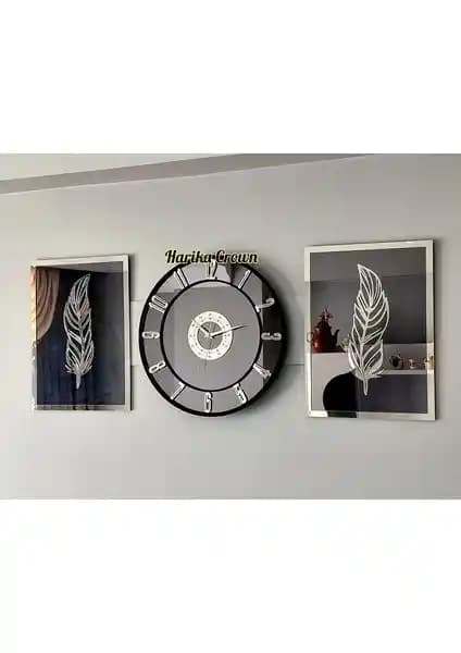 Harika Crown Aynalı Model 2 Li Tüy Tablo ve Saat Seti Modern ve Dayanıklı Dekoratif Ürün