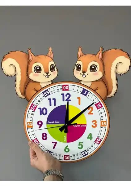 Karbonsoft Sevimli Sincap Temalı Montessori Çocuk Odası Eğitici Duvar Saati