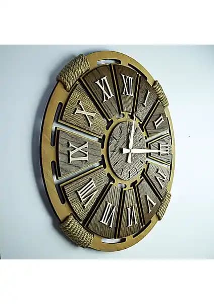Kayra Tasarım Ahşap Duvar Saati Halat Roma 70cm Doğal ve Şık Dekoratif Parça