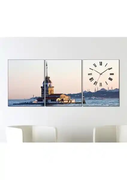 Kız Kulesi Temalı 3 Parçalı Canvas Tablo Saat Estetik ve Dayanıklı Tasarım