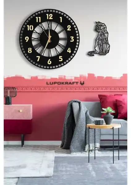 Lupokraft Dekoratif Aynalı Duvar Saati ve Kedi Tablo Seti Modern Ev Dekorasyonu İçin
