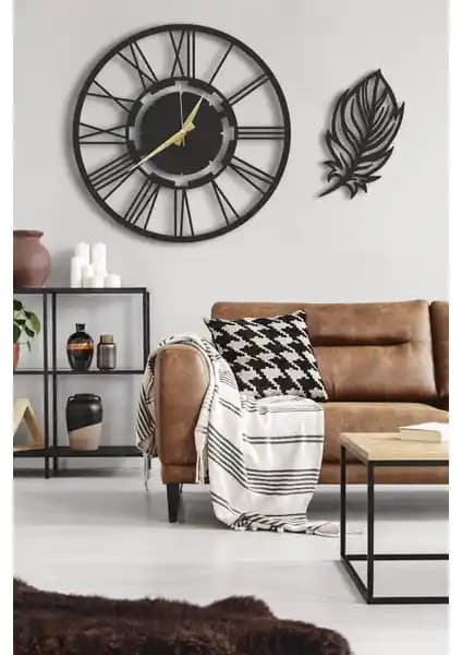 Lupokraft Siyah Dekoratif Duvar Saati ve Yapraklı Tablo Seti Modern İç Mekanlar İçin