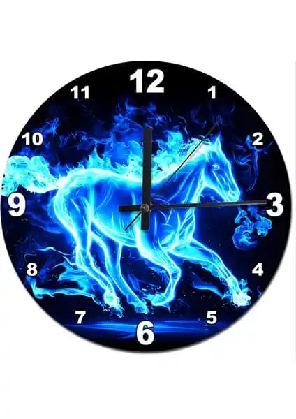 Mavi Alevli At Desenli Duvar Saati: Modern ve Şık Dekorasyon Parçası