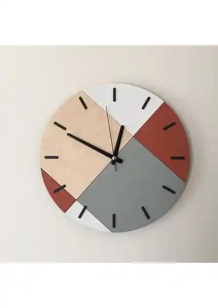 Modern Ahşap Geometrik Desenli Kiremit Renkli Duvar Saati - Estetik ve Dayanıklı Tasarım