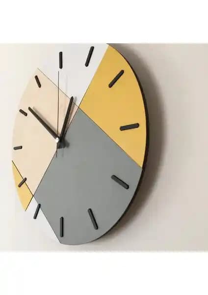 Modern Ahşap Geometrik Desenli Sarı Duvar Saati - Estetik ve Fonksiyonel Tasarım