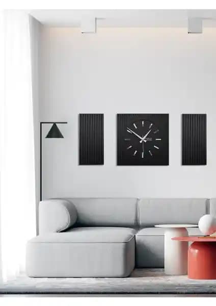 Modern Ahşap Tasarımlı Siyah 3 Parça Kare Saat Seti Dekorasyon İçin Uygun
