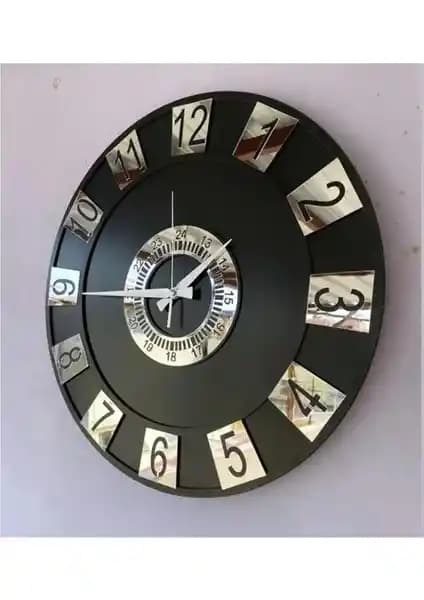 Modern Siyah Gold Gümüş Detaylı Aynalı Pleksi Duvar Saati Dekorasyon İçin Uygun
