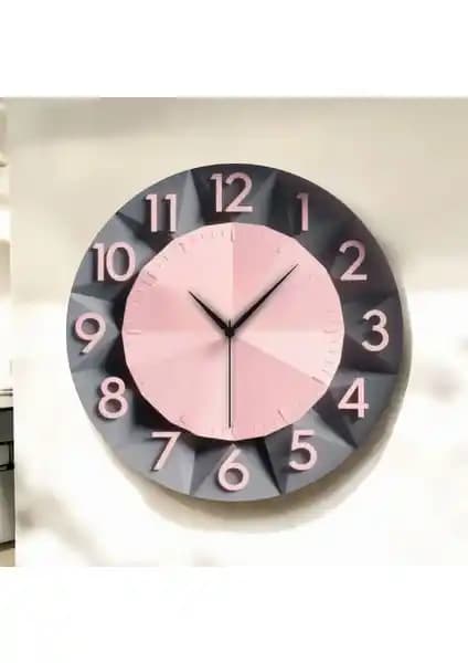 Modern Siyah Pembe Ahşap Duvar Saati 45 cm, Estetik ve Dayanıklı Tasarım