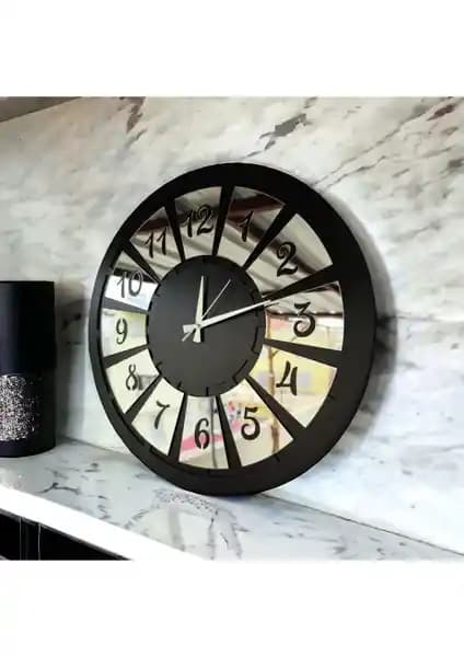 Modern Siyah Renk Pleksi ve Ahşap Malzemeli Dekoratif Duvar Saati 50 cm Çapında