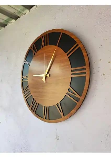 Modern ve Şık Ahşap Ceviz Renkli Roma Rakamlı Sessiz Duvar Saati 50x50 cm