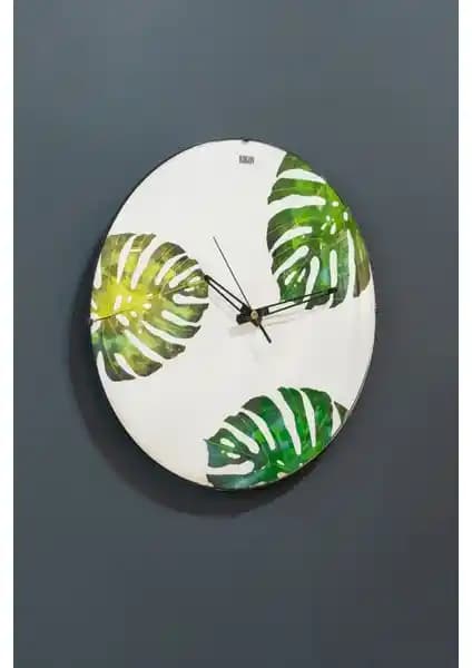 Ömas Yaprak Desenli Camlı 35 cm Duvar Saati Modern ve Doğal Tasarımın Şıklığıyla