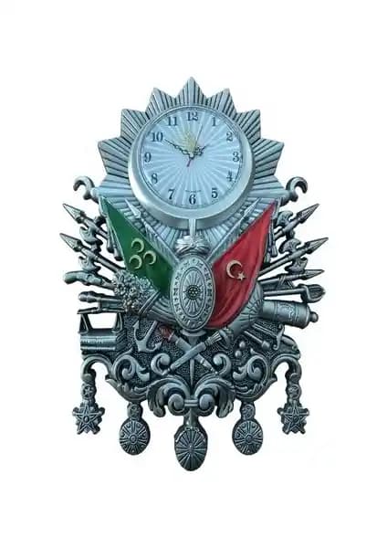 Osmanlı Devlet Arması Temalı Gümüş Renkli 3 Boyutlu Duvar Saati Dekoratif Tasarım