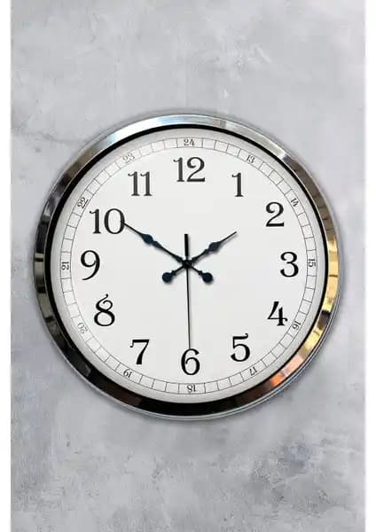 Platin Saat 40 cm Krom Metal Klasik Duvar Saati Dekoratif ve Dayanıklı Tasarım