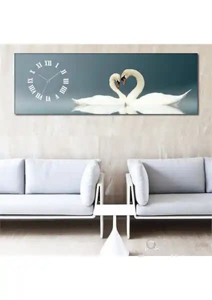 Tabloshop Kuğular Kanvas Tablo Saat 90x30cm Estetik ve Dayanıklı Duvar Dekoru